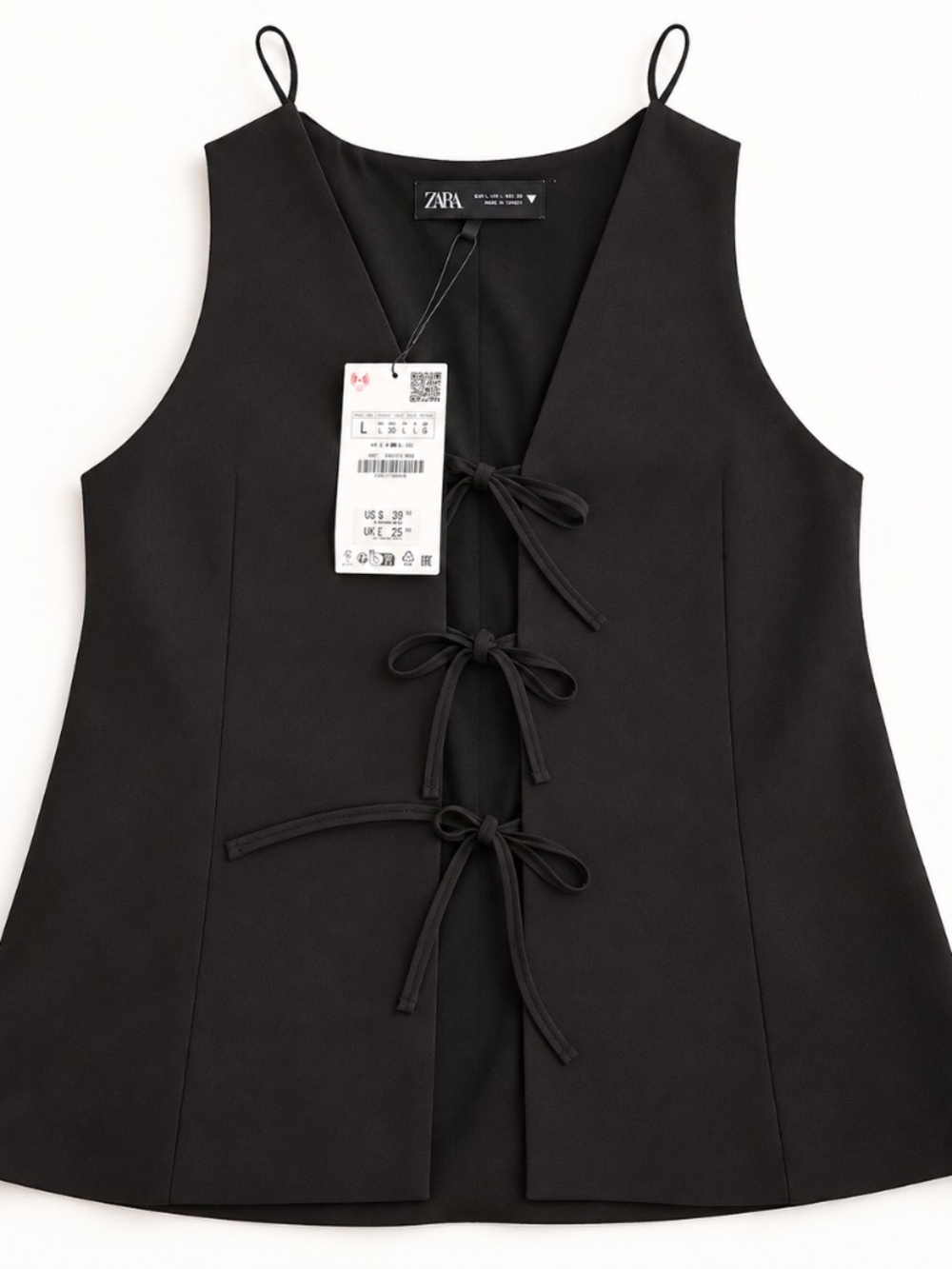 Zara Black Tie-Front Vest – Size L, NWT